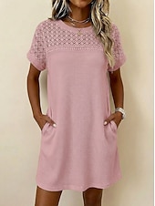 baratos Vestido branco-Mulheres Minivestido Vestido de renda Vestido Waffle Vestido T shirt Básico Clássico Diário Férias Normal Tecido Manga Curta Gola Redonda Preto Branco Rosa Damasco Verão Primavera