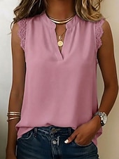 voordelige Gewone Tank-Dames Kanten overhemd Blouse Chiffon-topjes Lapwerk Effen Elegant Vakantie Mouwloos V-hals Lange tops Casual Wit patron Blozend Roze Groen Beige Zomer