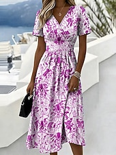 baratos Vestidos Boho-Mulheres Vestido midi Vestido A Line Férias Casual Boho Normal Gráfico Geométrica Manga Curta Decote V Azul Vermelho Roxo Verde Verão Primavera