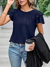 voordelige Effen t-shirt-Dames T-shirt Met ruches Effen Elegant Modieus Stijlvol Korte mouw Strakke ronde hals Normale tops Dagelijks Uitgaan Weekend Zwart Wit Marineblauw Groen Abrikoos Zomer Lente