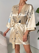 cheap Women's Robes-Women's Loungewear Robe Nightgown Fashion Casual Graphic Butterfly Satin Silky Pajamas Pyjamas Patchwork Dress Home Vacation Half Sleeve V Neck Champagne Summer Spring Regular Fit Loose Fit