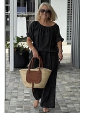 preiswerte Blusenanzüge für Damen-Damen Hosen-Sets Kunstbaumwollleinen Kurzarm Rundhalsausschnitt Einfarbig Mode Streetwear Lässig Täglich Outdoor Blau Schwarz Weiß Frühling &amp; Sommer Lässiger Schnitt