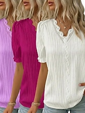  3er-Pack Damenblusen, T-Shirts, Oberteile mit Strukturmuster, Spitze, Patchwork, schlicht, modisch, stilvoll, klassisch, Kurzarm, V-Ausschnitt, normale Oberteile, lässig, für Alltag, Strand, Weiß + Fuchsia + Gelb