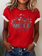 baratos Dia da Independência Top-Dia da Independência Americana Mulheres Camiseta Imprimir Floral Gráfico Bandeira à moda Clássico Casual Manga Curta Gola Redonda Decote Redondo Tops regulares Casual Diário Azul Preto Branco Rosa
