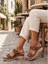 ieftine Sandale tip slide-sandale de damă cu pană cu ornamente florale și suport confortabil pentru arc - perfecte pentru ieșirile casual de vară