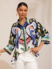 preiswerte Blusen-Bluse aus seidigem Satin mit Vogel- und Blumenmuster und Dolmanärmeln