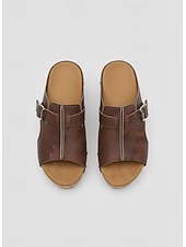 baratos Sandálias plataforma anabela-Sandálias femininas pretas de plataforma com tachas - modelo casual com fivela e sola de cortiça, ideais para passeios no parque, brunch, compras e encontros em terraços.