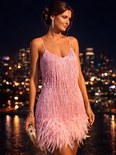 ieftine Rochii scurte și mini-Linia -A Scurt Mini Rochii de bal Strălucitor &amp; Sclipitor Sexy Fără manșon Bretele Spagheti Bal Petrecere Nuntă Paiete cu Pene Breton Paiete