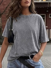 ieftine tricou simplu-Tricou damă 100% bumbac, vintage, spălat, topuri, modă, stilat, clasic, mânecă scurtă, guler rotund, topuri lungi, casual, zilnic, plajă, trandafir, roșu, albastru, verde iarbă, negru, portocaliu, vară, primăvară