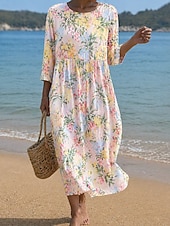 cheap Floral Dress-Women's Midi Dress Sundress Summer Dress Vacation Casual Boho Beach Holiday Regular Fit Floral Graphic 3/4 Length Sleeve Crew Neck Blue Pink Purple Summer Spring