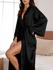 economico Vestaglie da donna-Per donna Abbigliamento da Casa Accappatoio Camicia da Notte Moda Casual Colore Puro Pigiama in raso di seta Patchwork Vestiti Casa Vacanza Manica Lunga Scollo a V Nero Bianco Rosa Rosso Marrone