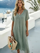 abordables Vestidos-Mujer Vestido Midi Vestidos con tacto de lino Moda Moderno Exterior Vacaciones Festivos Holgado Plano Manga Corta Escote en Pico Azul Real Naranja Verde Trébol Rosa Rojo Verano Primavera