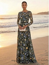 voordelige Vloerlengte-A-lijn Jurken Tot de grond Feestjurk Cocktail jurk Moeder van de bruid jurk Lange mouw Strakke ronde hals Elegant Vintage Luxueus Formeel Bruiloft gast Kentucky Derby Chiffon Tule met Borduurwerk