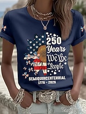  Жен. Футболка С принтом Графика Флаг Буквы Винтаж Стиль Классика С короткими рукавами Вырез под горло Круглый вырез Обычные топы Повседневные Синий Красный Лето Весна