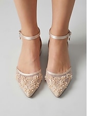 billiga Platta damskor-Women's Champagne Embroidered Ankle Strap Flats – Elegant Garden Party Dress Shoes