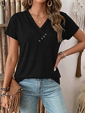 baratos Camiseta lisa-Mulheres Tops de verão Franzido Botões à moda Clássico Manga Curta Decote V Tops regulares Casual Diário Roupas de férias Preto Branco Rosa Vermelho Azul Real Verão Primavera