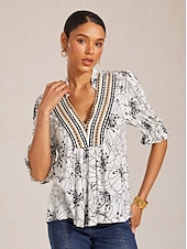preiswerte Hemden, Tops und Blusen-Spitzenkleid mit Blumenmuster, V-Ausschnitt und Puffärmeln