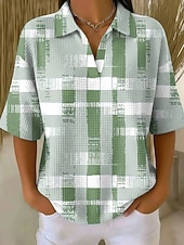 cheap Art&amp;Design Blouses-Women's Waffle T-shirt Textured Knit Tops Graphic Geometric Elegant Vintage Stylish Half Sleeve Polo Collar Regular Tops Casual Daily Blue Yellow Green Summer Spring
