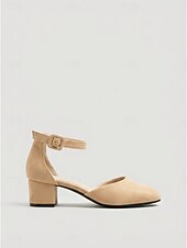 economico Décolleté con tacco largo-Décolleté da donna in camoscio beige con tacco a blocco, punta tonda e cinturino alla caviglia, ideali per feste in giardino e matrimoni. &amp;eventi all'aperto