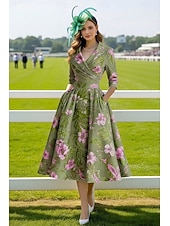 baratos Comprimento do chá-Linha A Longuette Vestido de festa Vestido Coquetel Vestido de convidada de casamento Vestidos de noite Elegante Vintage Manga 3/4 Colarinho de Camisa Casamento Formal Jacquard com Bolsos