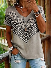 voordelige Bloementhee-Dames T-shirt Afdrukken Grafisch Geometrie Vintage Stijlvol Klassiek Korte mouw V-hals Normale tops Casual Dagelijks Uitgaan blauw Geel Grijs Zomer Lente