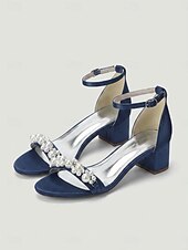cheap Heeled Sandals-Women's Navy Pearl Embellished Chunky Heel Sandals - Elegant Ankle Strap Cocktail Party Dress Shoes