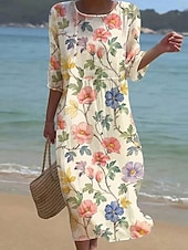 cheap Floral Dress-Women's Midi Dress Shift Dress Vacation Casual Beach Beach Regular Fit Floral Graphic 3/4 Length Sleeve Crew Neck White Yellow Pink Beige Summer Spring