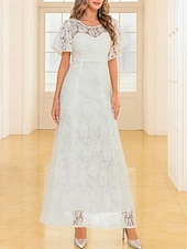 billige Gulvlengde-A-Linje Gulvlengde Bryllupsgjestkjole Formelle Kjoler Kveldsdrakt Mor til bruden Kjole Kortermet Rundhals Elegant Vintage Fest Blonde med Blonde