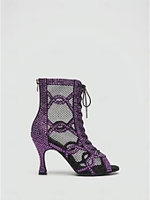 economico Stivali da ballo-Stivali da ballo latino da donna con strass, scarpe da ballo performanti con tacco alto in rete e lacci per salsa, tango e balli da sala &amp; palcoscenico