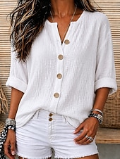 economico Camicie di Lusso-Per donna Camicie di cotone e lino Vacanza Casual Bianco Giallo Rosa Viola Azzurro Estate Primavera