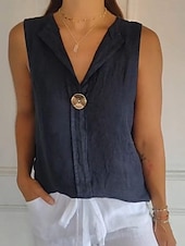 economico Camicie-Per donna Camicia in cotone e lino Maglietta Bottoni Semplice Moda Elegante Classico Senza Maniche Colletto a Camicia Top Regolari Quotidiano Uscire Weekend Bianco Blu marino Verde Cachi Estate