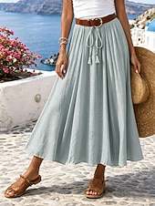 abordables Faldas casuales-Mujer Falda de vacaciones Falda de lino y algodón sintético Moda Casual Maxi Alta cintura Faldas Plano Plisado Rígido Diario Vacaciones Azul Piscina Negro Rosa Caqui Verano