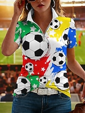 cheap World Soccer Match-Women's T Shirt Zipper Graphic Stylish Classic Casual Short Sleeve High Neck Regular Tops Casual Daily Sports Yellow Summer Spring
