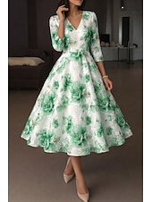 cheap Cocktail Dresses-A-Line Ankle Length Tea Length Formal Dresses Cocktail Dresses Elegant 3/4 Length Sleeve V Neck Wedding Formal Organza Jacquard with Floral Print