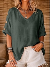 economico Camicie-Per donna Camicia Camicie di cotone e lino Blusa Bottoni Tinta unica Essenziale Casual Manica Corta Manica a pipistrello Collo a U Top Regolari Casuale Quotidiano Bianco Giallo Verde chiaro Rosa Rosso