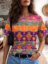 ieftine tricou boho-Pentru femei Tricou Imprimeu Grafic Abstract Epocă Stilat Clasic Manșon scurt Stil Nautic În V Topuri obișnuite Casual Zilnic Sfârșit de săptămână Albastru piscină Negru Galben Mov Maro Vară Primăvară