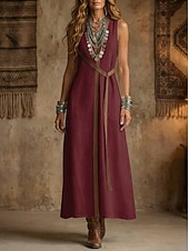 abordables Vestidos-Mujer Vestido maxi Vestidos con tacto de lino Vestido bohemio Vestido de Columpio Elegante Moda Moderno Exterior Festivos Noche Ajuste regular Bloque de color Sin Mangas Collar mandarín Blanco