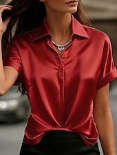 voordelige Effen t-shirt-Dames Satijnen overhemd Blouse Effen Kleur Elegant Stijlvol Basic Korte mouw Overhemdkraag Normale tops Casual Dagelijks Kantoor blauw Zwart Rood Abrikoos Zomer Lente