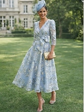 ieftine Rochii Cocktail-Linia -A Lungime Gleznă Lungimea ceaiului Rochie florala Rochii de cocktail Elegant Epocă Floral Manșon Lung În V Petrecere în grădină Nuntă Buzunar Satin Jaquard cu Imprimeu Floral Arc