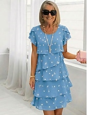 billiga Eleganta blommiga klänningar-Dam Knälång klänning Chiffongklänningar Blommig klänning Elegant Mode Modern Semester Fest Helgen Normal Blommig Kortärmad Rund hals Blå Rodnande Rosa Sommar Vår