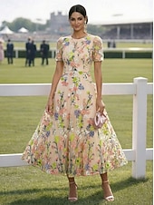 preiswerte Cocktailkleider-A-Linie Tee-Länge Cocktailkleider Elegant Vintage Blumen Kurzarm Rundhalsausschnitt Gartenparty Hochzeit Satin Tüll Tiefer Wasserfall-Rückenausschnitt mit Gestickte Blume Falten Stickerei