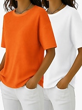  Wielopak 2 szt. damskich T-shirtów z waflowym wzorem, dzianinowe topy z waflowym wzorem, jednolity kolor, stylowy, podstawowy, klasyczny, krótki rękaw, okrągły dekolt, regularny top, swobodny, codzienny, plażowy, różowy + pomarańczowy