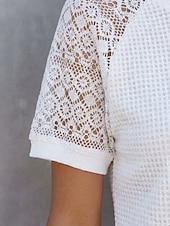 voordelige Effen t-shirt-Dames Wafel T-shirt Raglan-T-shirt Kant Vetergat Elegant Stijlvol Korte mouw Strakke ronde hals Lange tops Casual Vakantiekleding Zwart Wit Grijs Zomer Lente