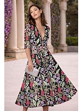 abordables Cocktailjurken-A-Line Tea Length Cocktail Dresses Elegant Vintage Floral Half Sleeve V Neck Garden Party Wedding Lace with Embroidered Flower Embroidery Pocket