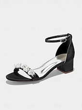 cheap Heeled Sandals-Women's Navy Pearl Embellished Chunky Heel Sandals - Elegant Ankle Strap Cocktail Party Dress Shoes