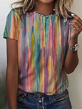 preiswerte Streifen- und geometrisches T-Shirt-Damen T Shirt Druck Grafik Gestreift Bohemien Hawaiianisch Stilvoll Kurzarm Rundhalsausschnitt Normale Oberteile Täglich Blau Rosa Orange Grün Sommer Frühling