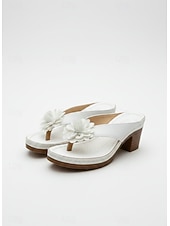 abordables Sandalias deslizantes-Sandalias blancas con tiras florales para mujer: tacón bajo de bloque suave y acolchado, estilo elegante de verano para damas, perfectas para vacaciones, eventos en el jardín, paseos y uso diario.