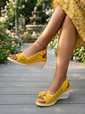 cheap Wedge Sandals-Women's Yellow Wedge Sandals – Breathable Open Toe Casual Sandals with Floral Detail for Garden, Travel, Vacation &amp; Daily Wear