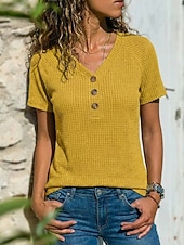 abordables Camiseta lisa-Mujer Camiseta Tops de punto gofre Camiseta superior Botones Color sólido Moda Elegante Clásico Manga Corta Escote en Pico Tops largos Diario Noche Fin de semana Azul Piscina Amarillo Rosa Verde