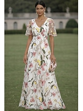 economico Lunghezza del pavimento-Linea ad A Abito Lunghezza al pavimento Vestito maxi Vestito da Festa Abito da Cocktail Abito da cerimonia per signora Manica Corta Scollo a V Elegante Vintage Lussuoso Formale Ospite di nozze Derby